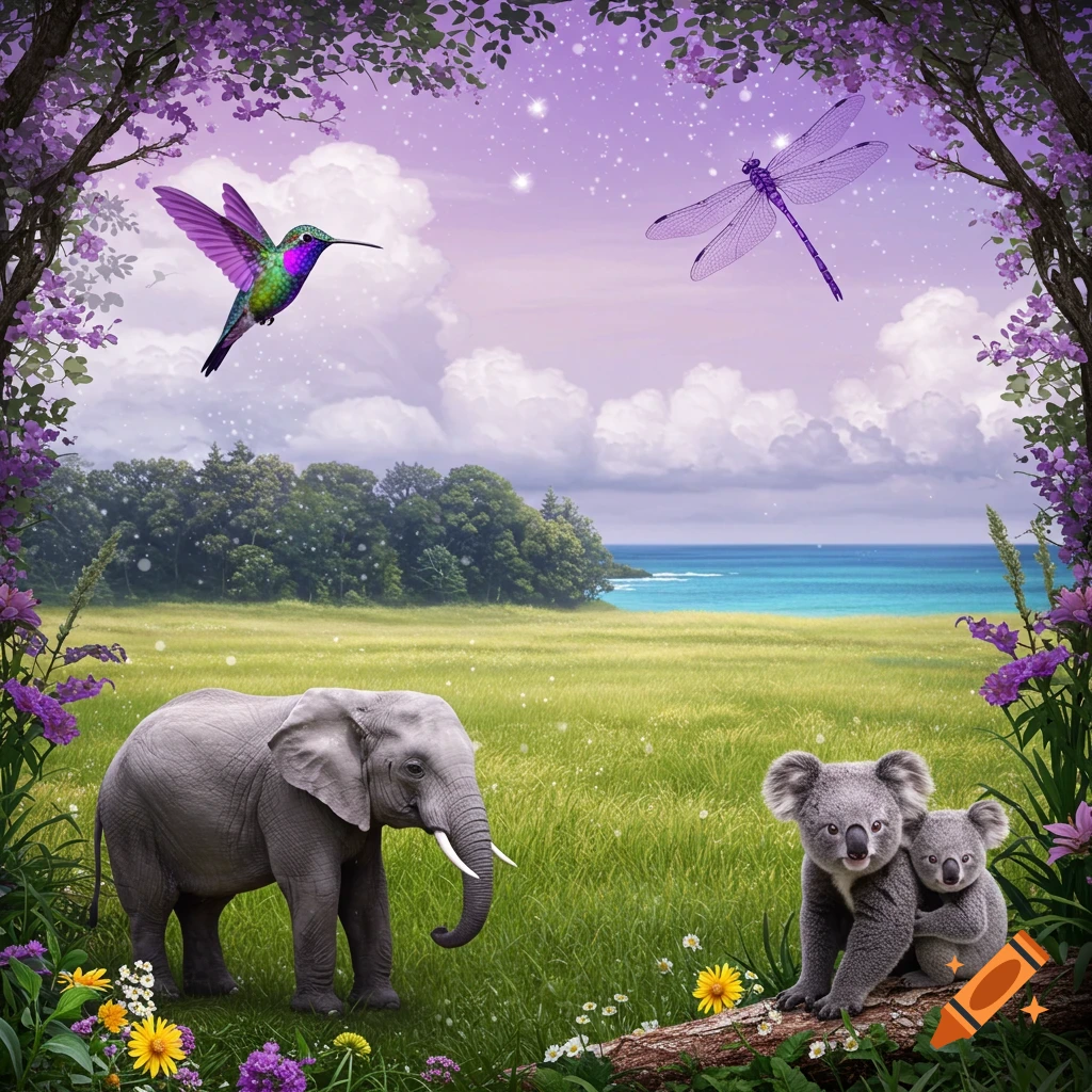 Magical nature scene with elephant, koalas, hummingbird, dragonfly, field, ocean, and purple flowers.