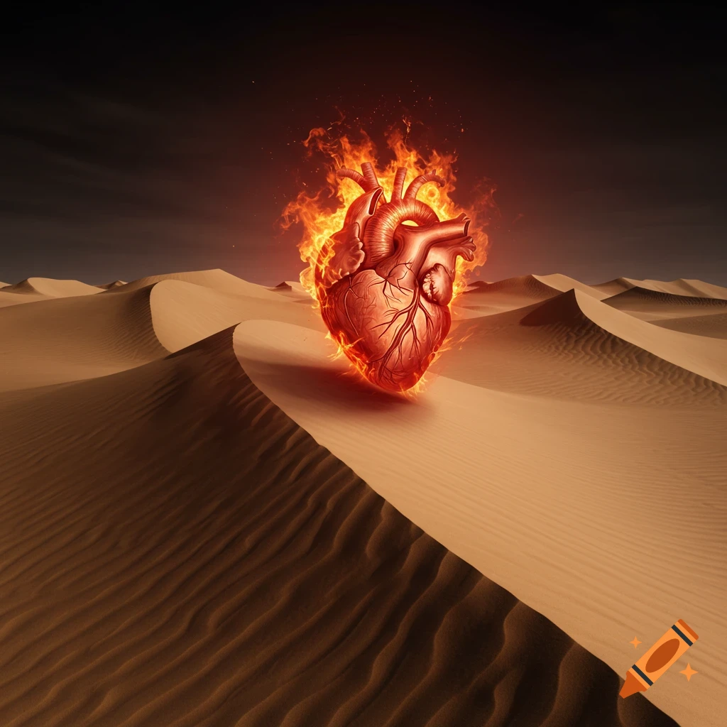 A flaming human heart in a vast desert landscape under a dark sky.