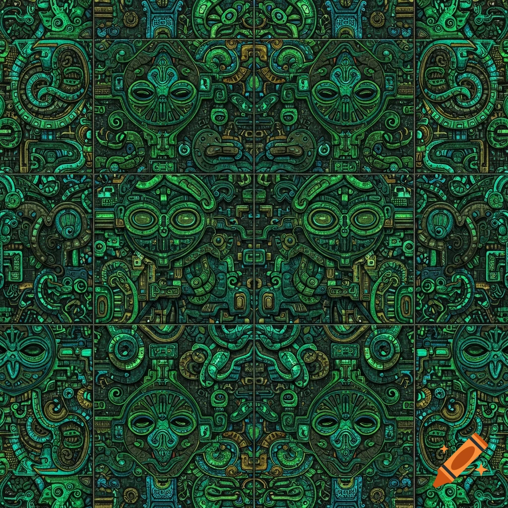 A seamless mosaic tile pattern with intricate green and gold alien and Aztec motifs.