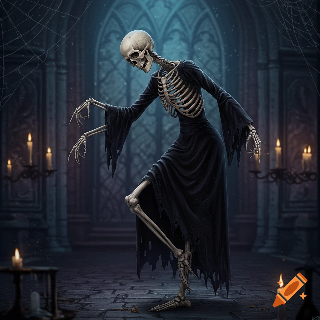 A skeleton in a black dress curtsying in a gothic hall with candles.