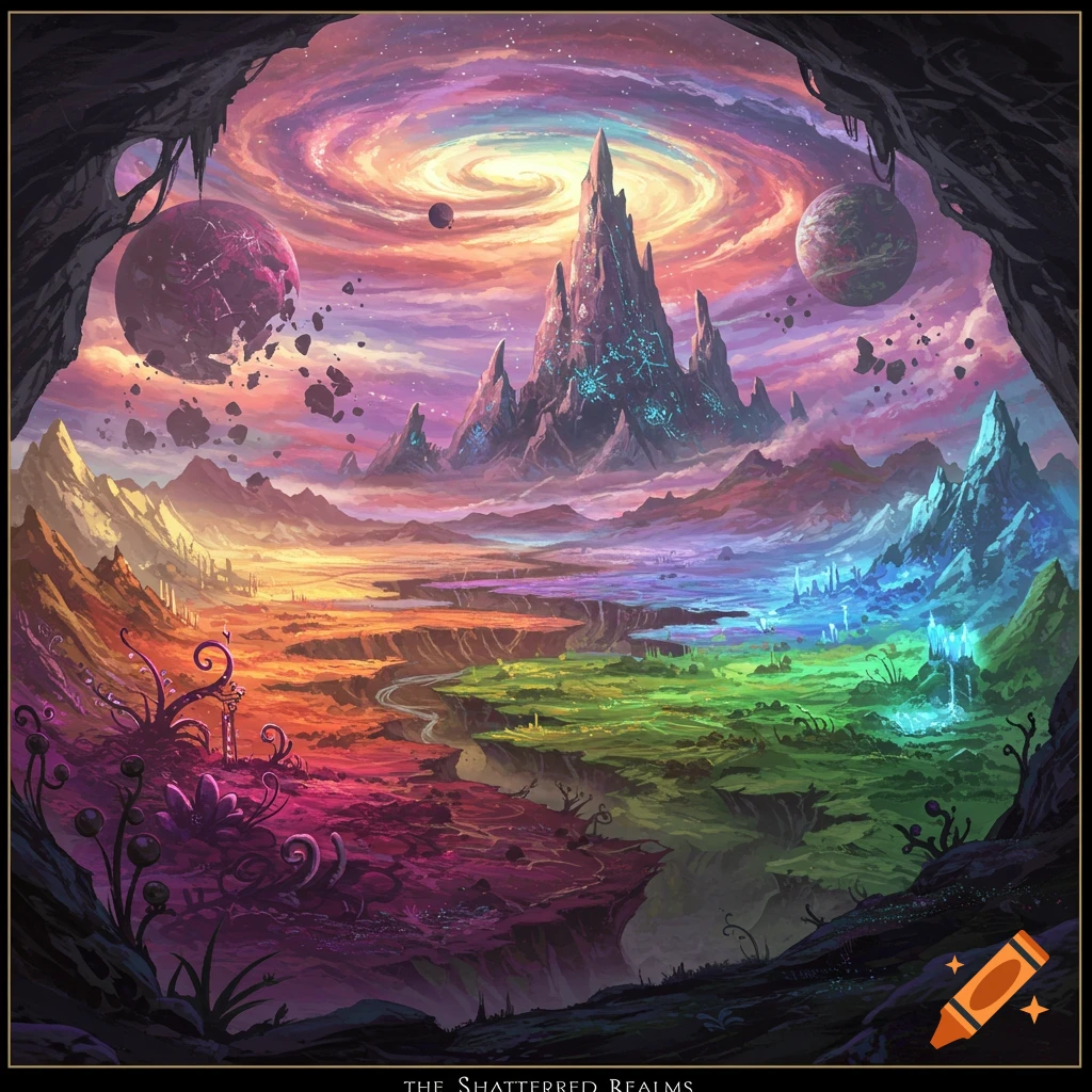 A vibrant fantasy landscape with colorful realms, jagged mountains, planets, and a swirling galaxy sky.
