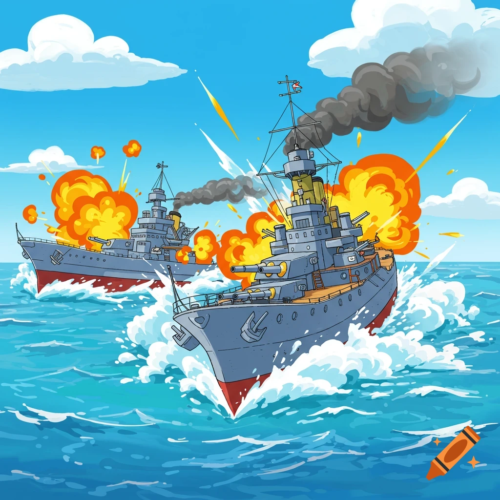 Two cartoony battleships battle at sea with explosions and splashes.