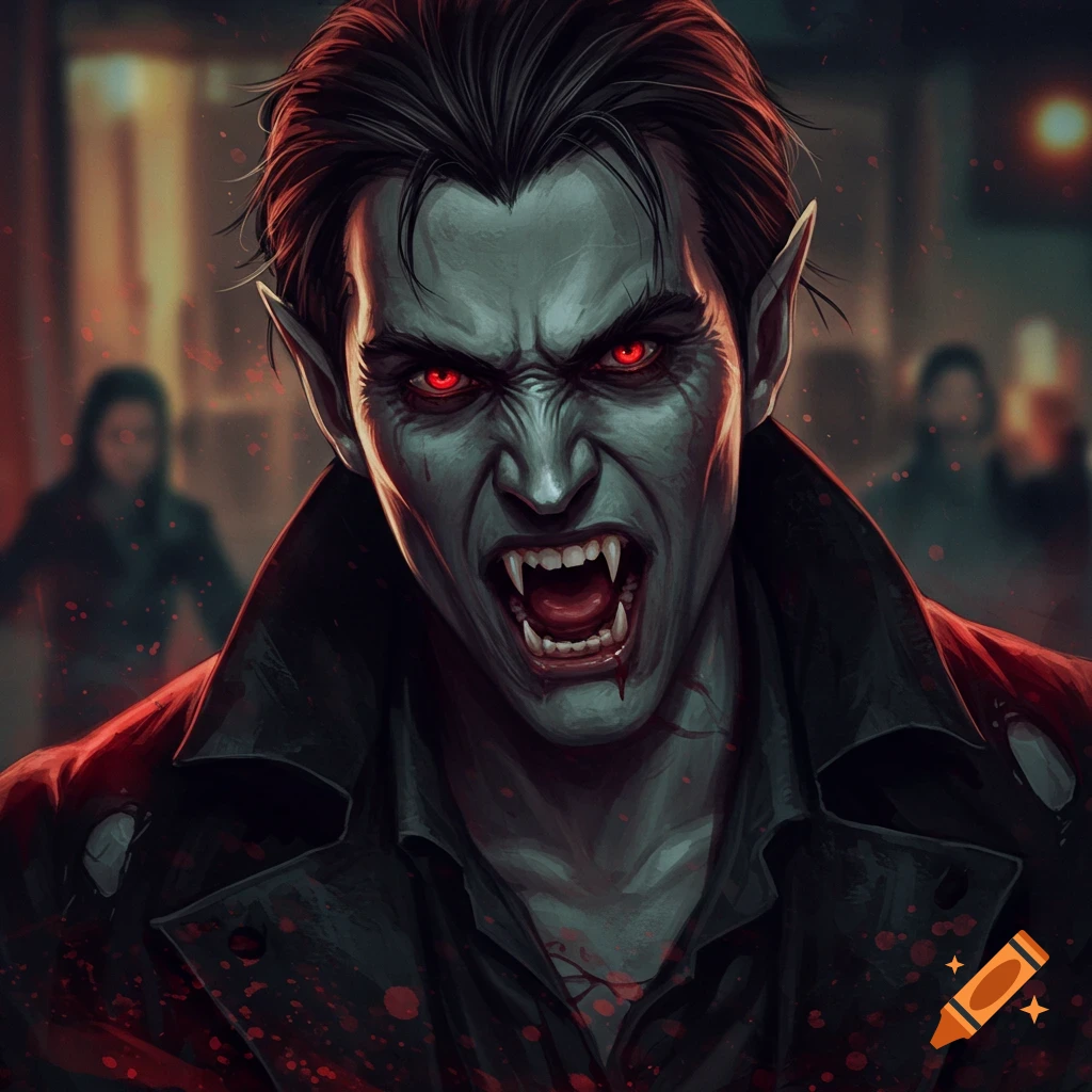 A snarling vampire with fangs and red eyes.