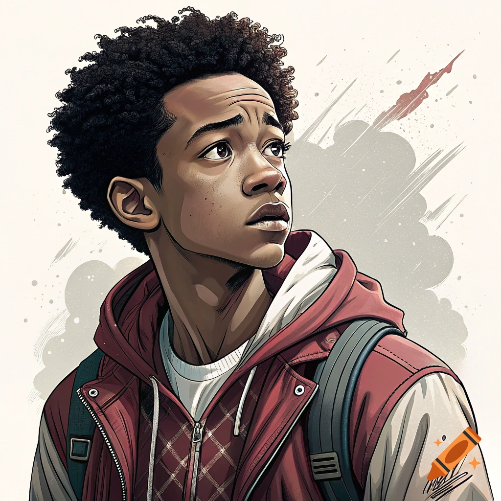 Illustrative portrait of a young Black man with an afro, wearing a red jacket and backpack, looking up
