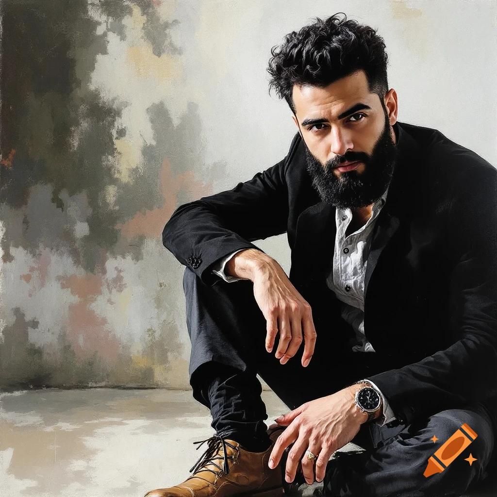 Portrait of a bearded man in a black suit, sitting on the floor, looking directly at the camera.