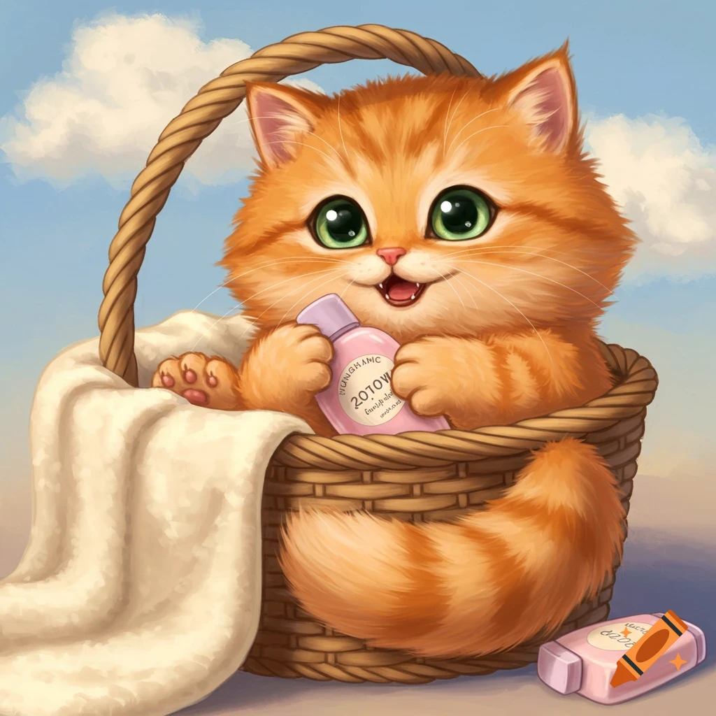 Cute orange kitten in a basket holding a pink lotion bottle.