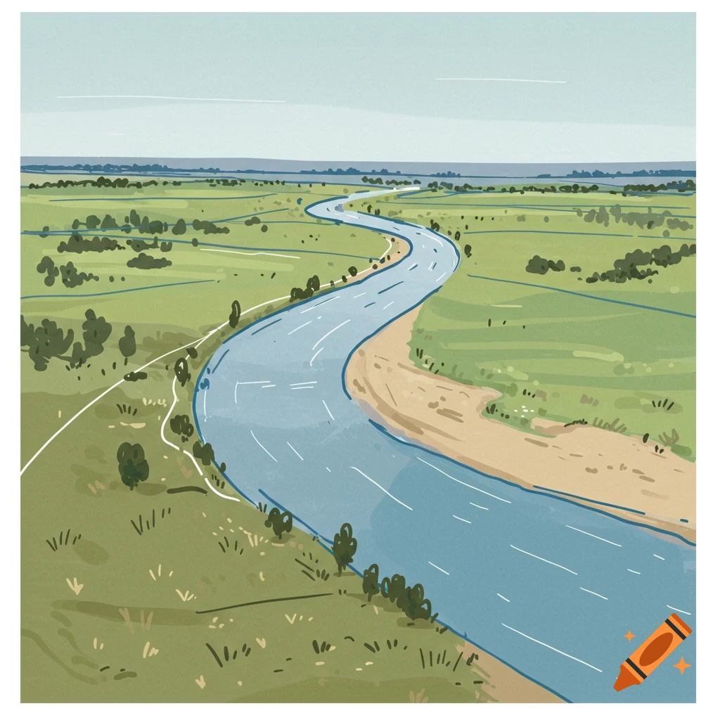 Simple illustration of a winding river flowing through a green, grassy landscape under a light blue sky.