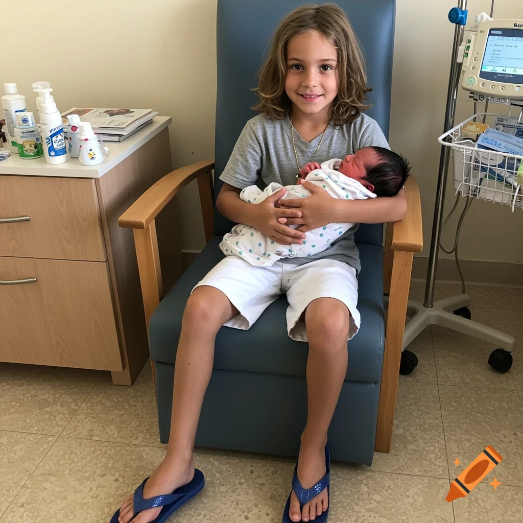 Young boy holding a newborn baby in a hospital chair