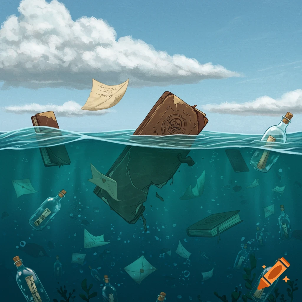 Books, letters, and messages in bottles float and sink in a blue ocean under a cloudy sky.