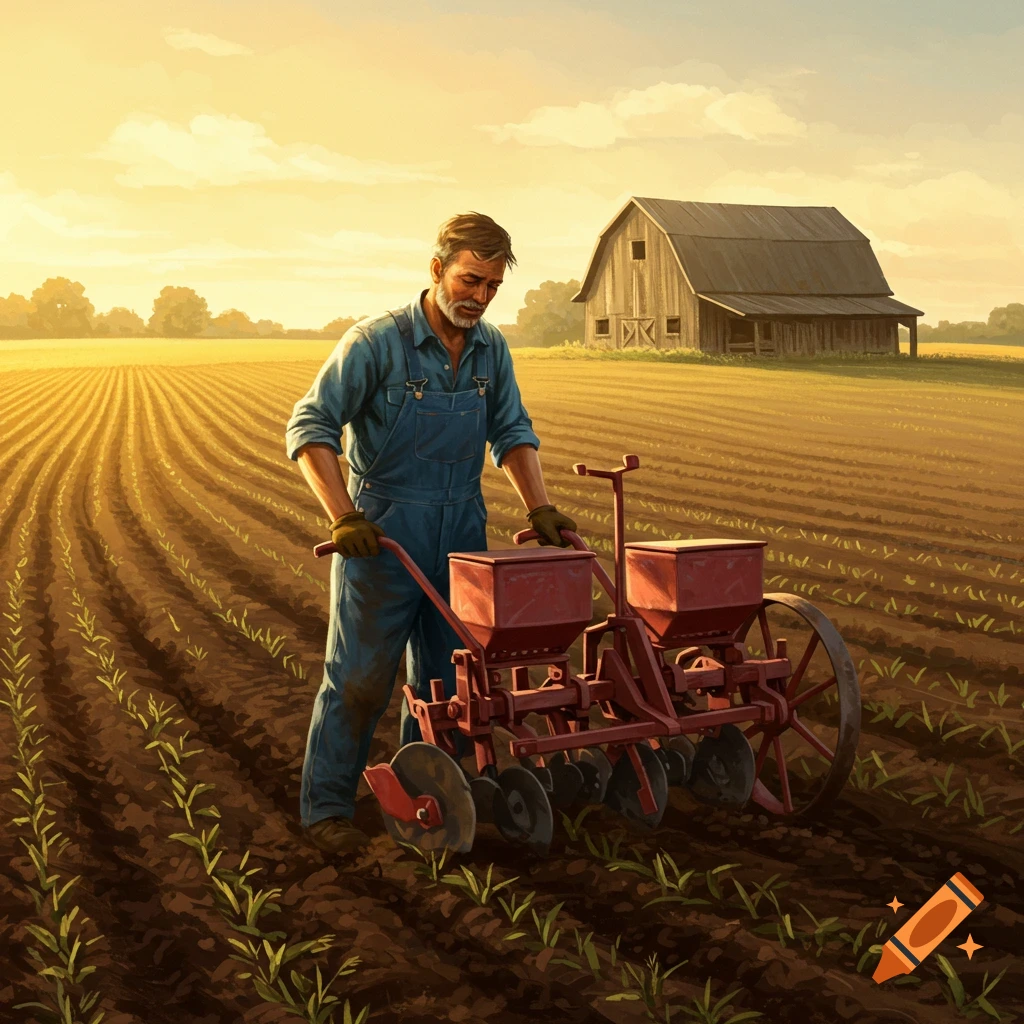 A farmer uses a seed planter in a field at sunset with a barn in the background.