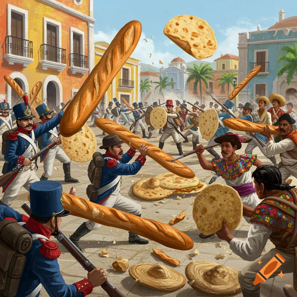 An illustration depicts a battle scene in a plaza with soldiers using baguettes and tortillas as weapons.