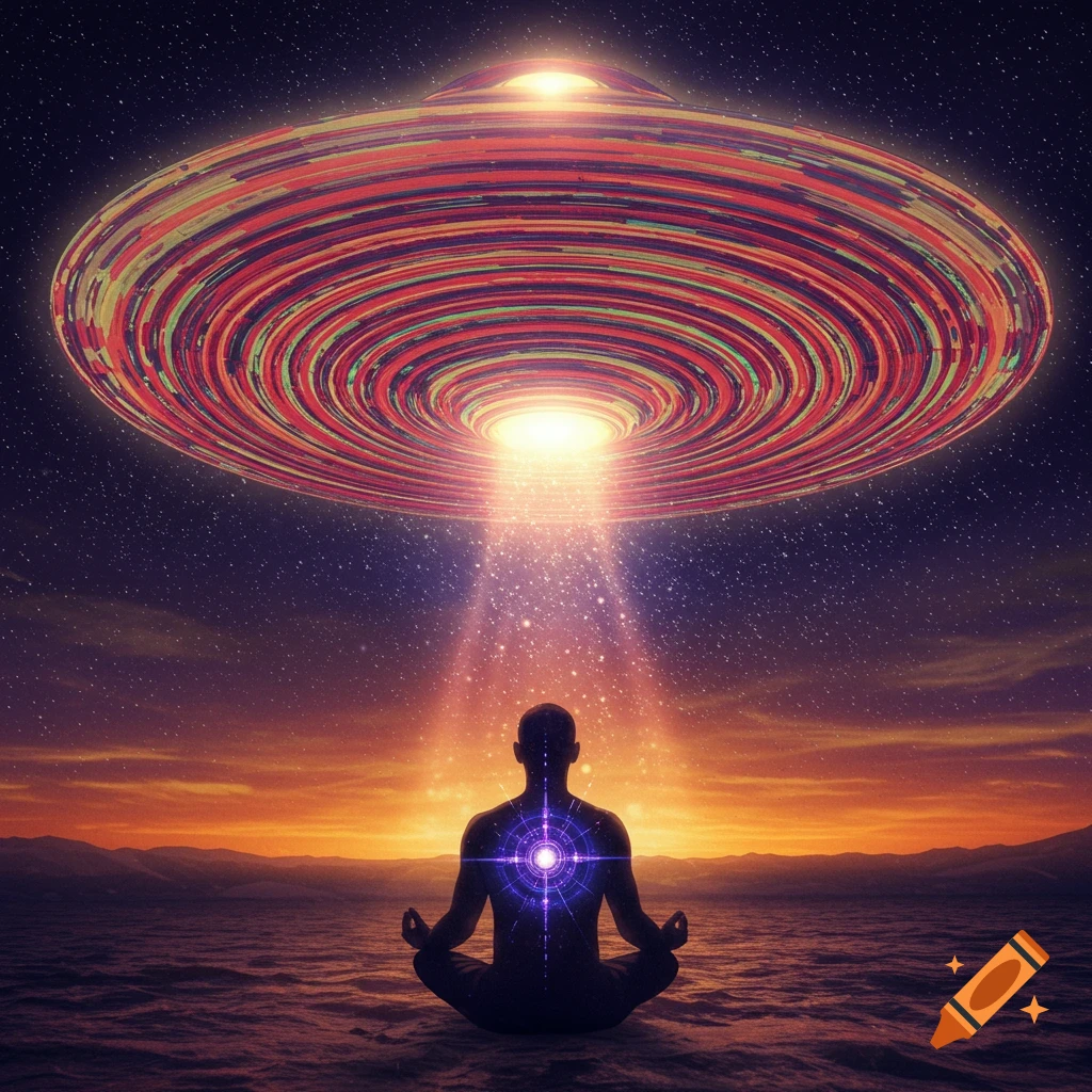 Silhouette of a person meditating under a colorful UFO beaming light in a starry desert landscape.