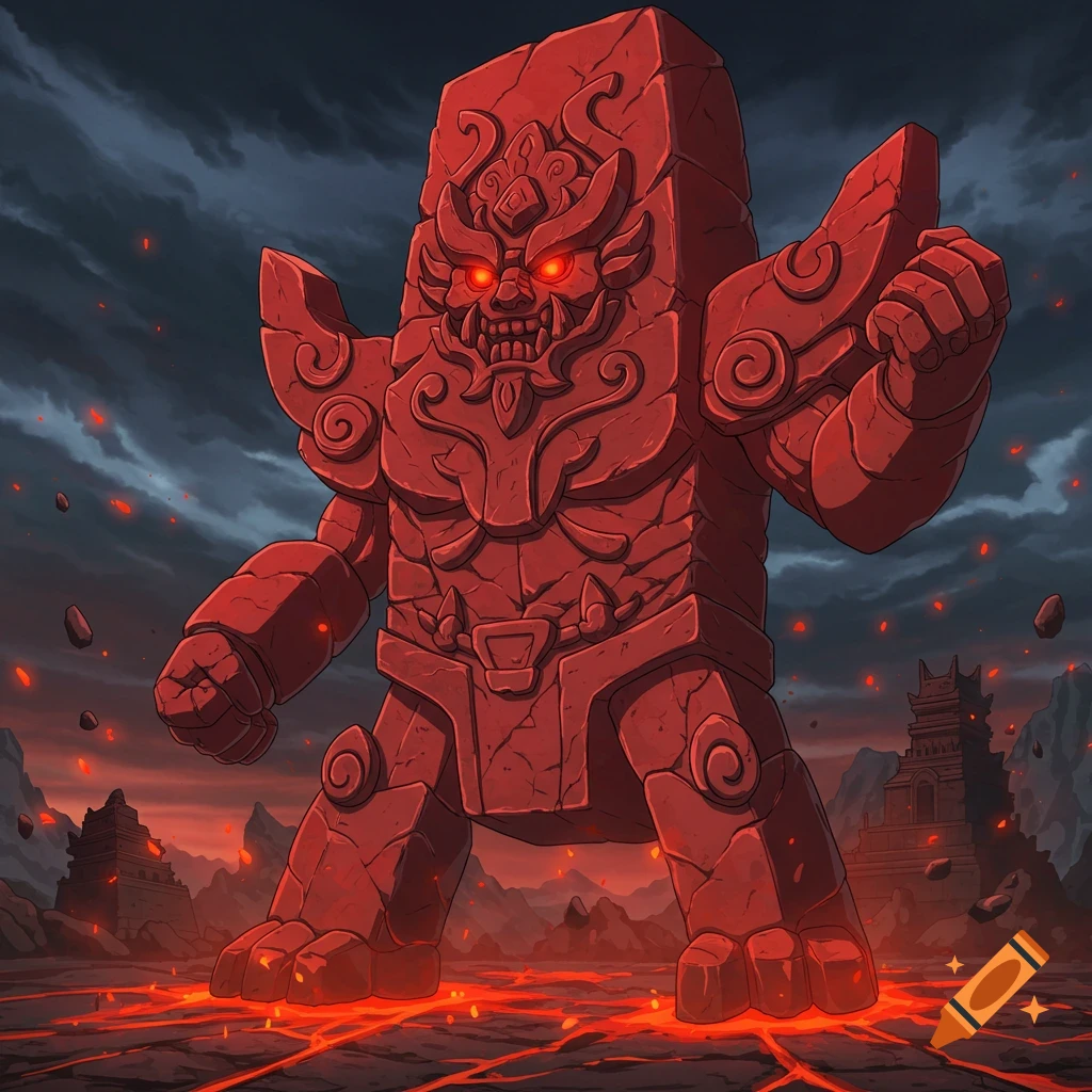 Anime art of a large red stone creature with glowing eyes standing in a volcanic landscape.
