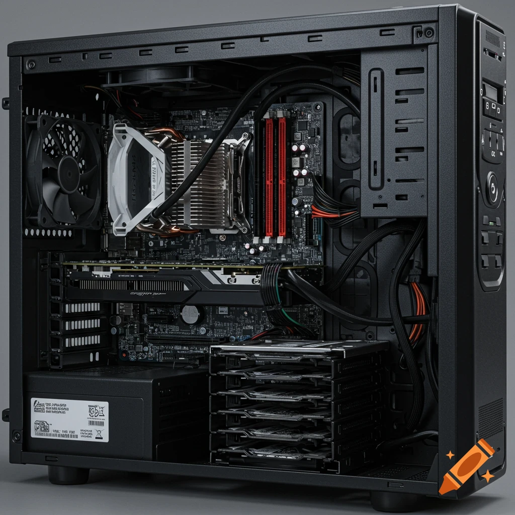 Interior view of a computer tower showing the motherboard, CPU cooler, graphics card, power supply, and hard drives.