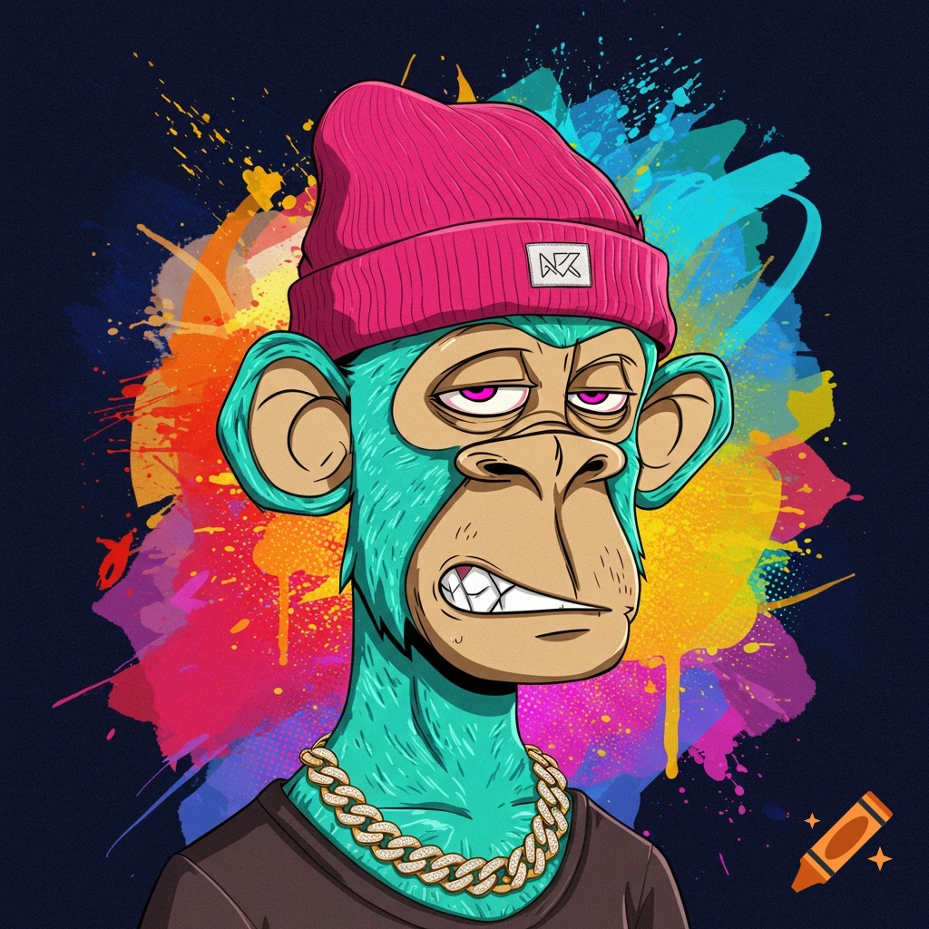 A teal Bored Ape character wearing a pink beanie and gold chain against a colorful paint splash background.