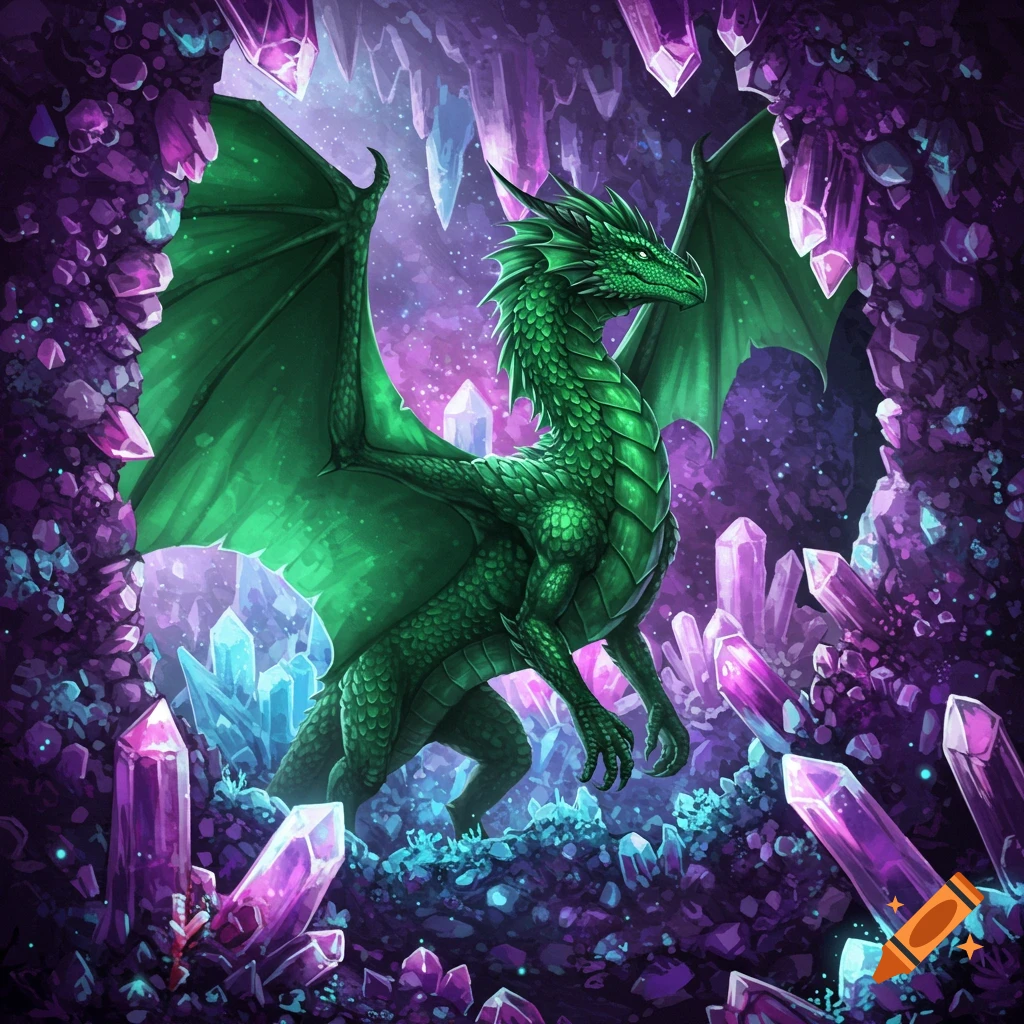 A green dragon stands in a cave filled with glowing purple and blue crystals.