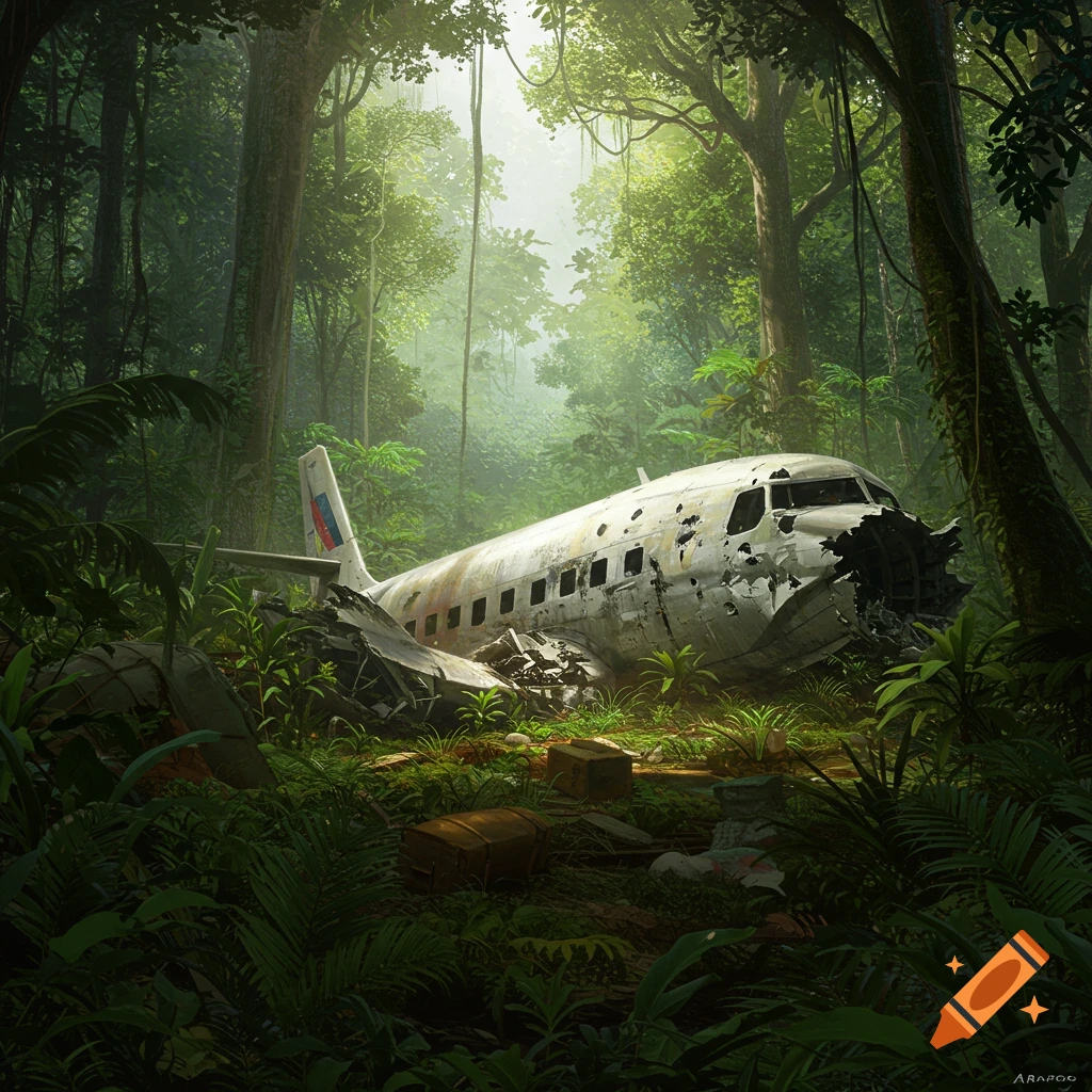 A crashed airplane in a dense, overgrown rainforest.