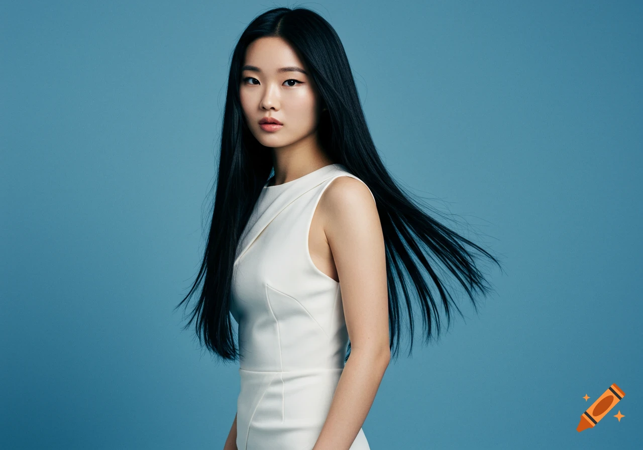 Portrait of a woman with long black hair in a white dress against a blue background.