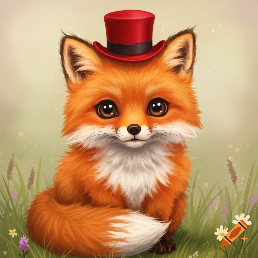 A cute fox wearing a red top hat, sitting in the grass.
