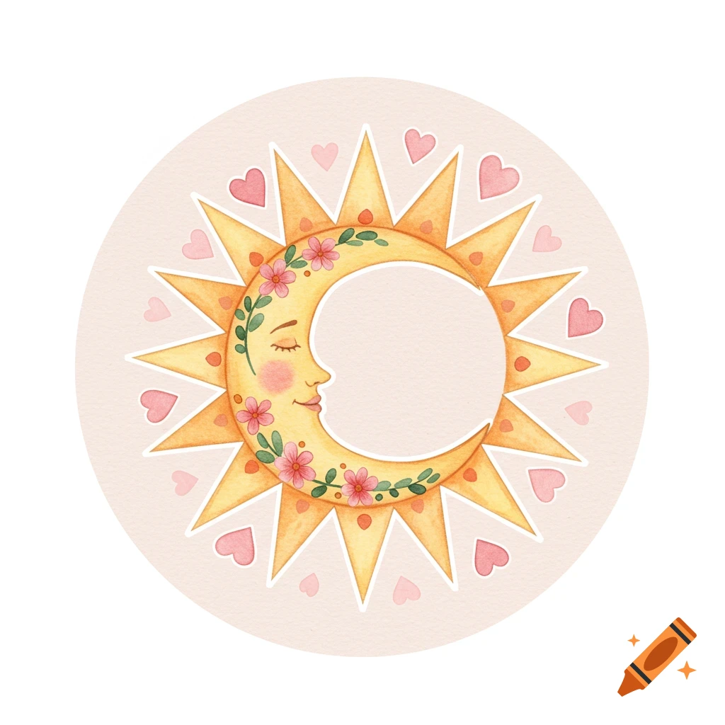 Watercolor illustration of a sun and moon face surrounded by hearts and flowers in a pink circle.