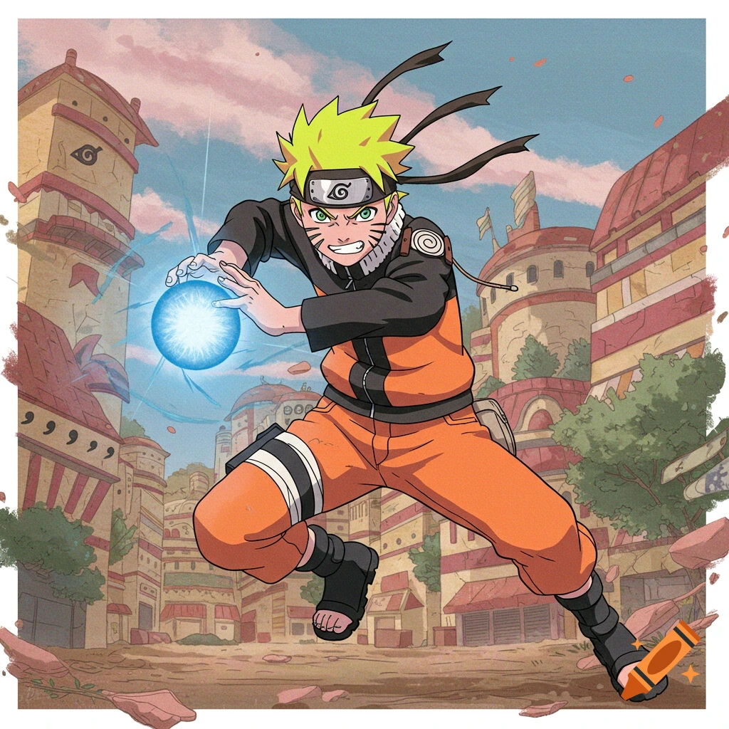 Naruto Uzumaki in anime style, holding a Rasengan in front of a village