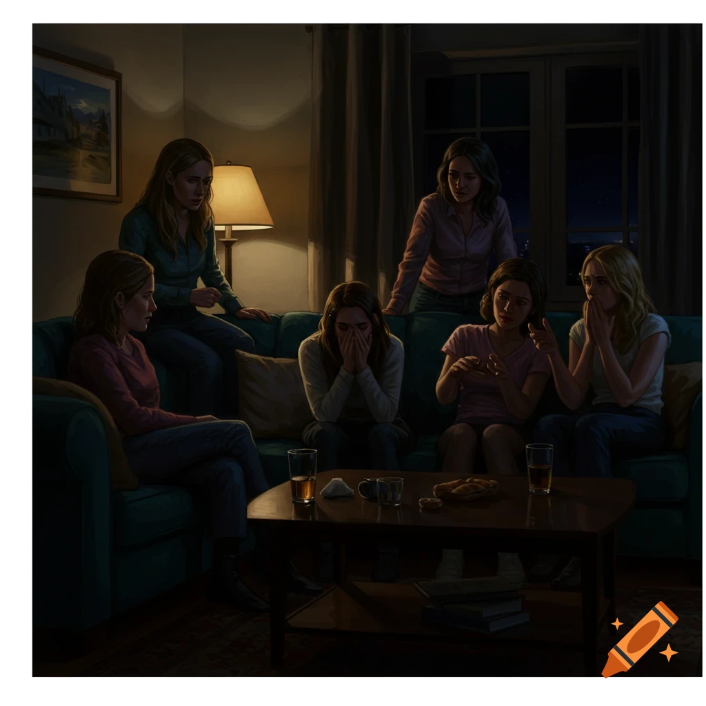 Women in a dimly lit living room at night. Several women are gathered on a couch, one covers her face crying while others watch.