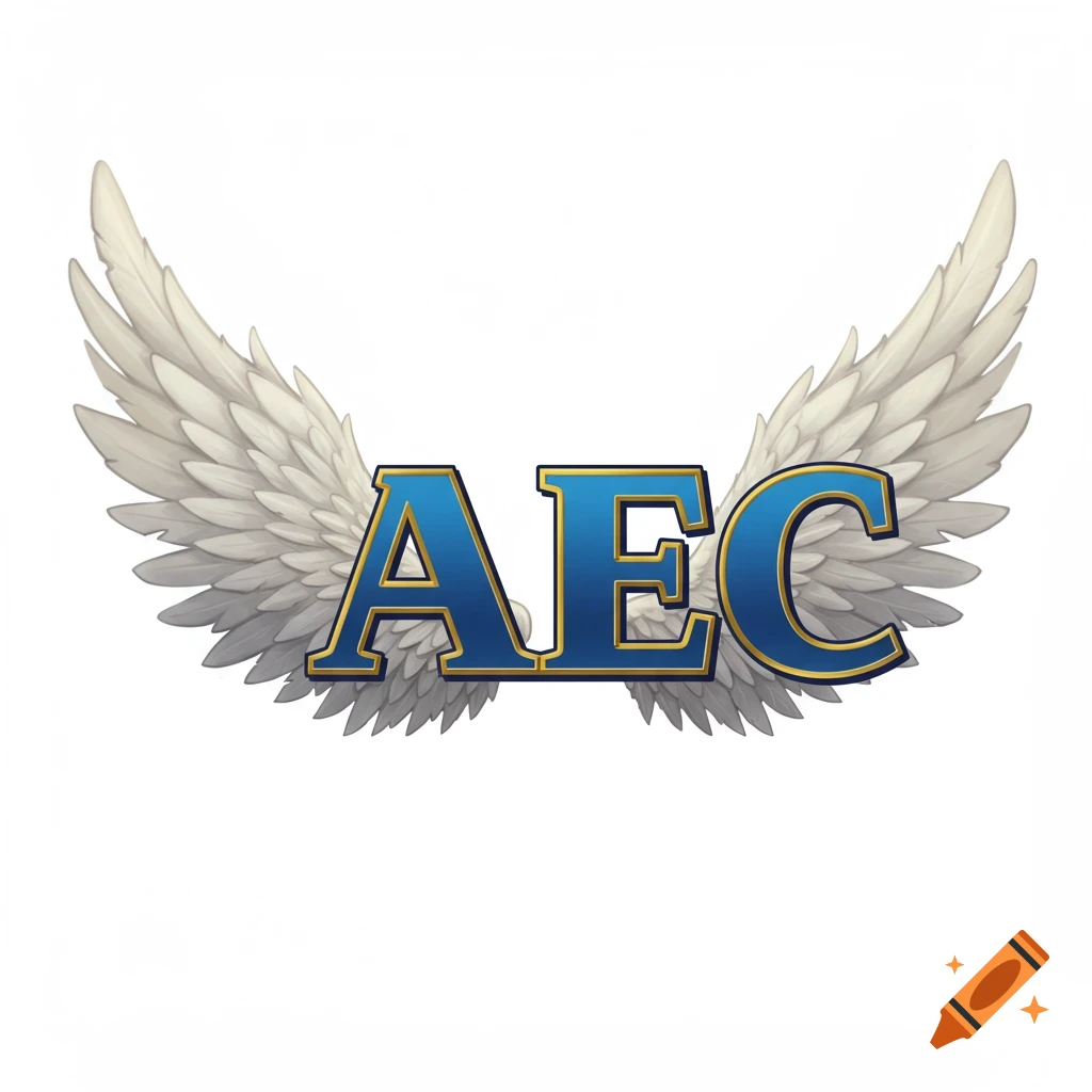 Blue and gold letters AEC with white wings on white background