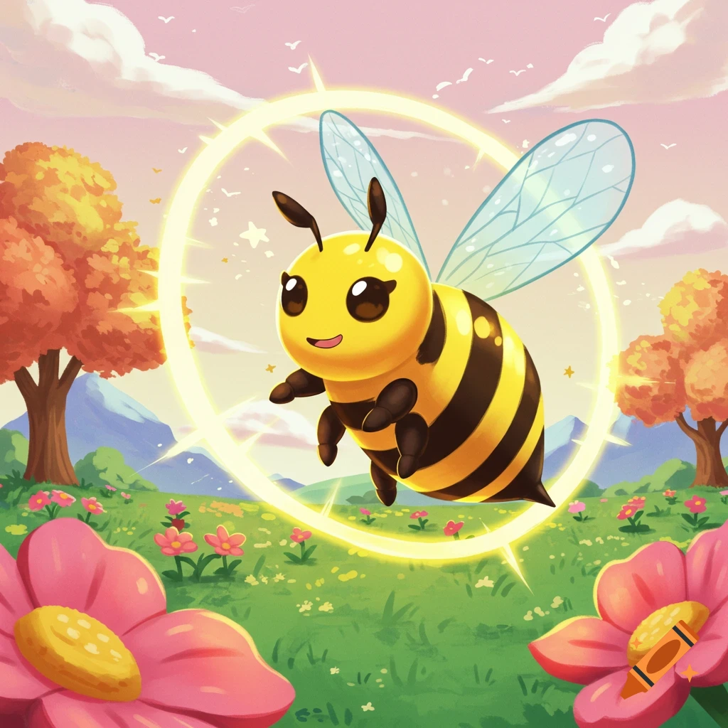 A cute cartoon bee with a glowing halo flies over a flower field.