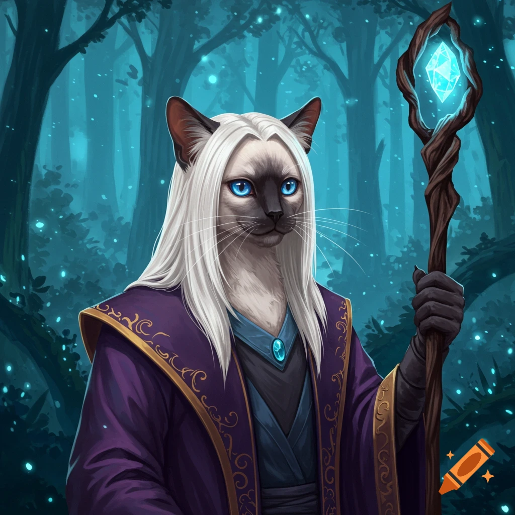 A humanoid Siamese cat wizard in a purple robe holding a staff with a crystal in a forest.