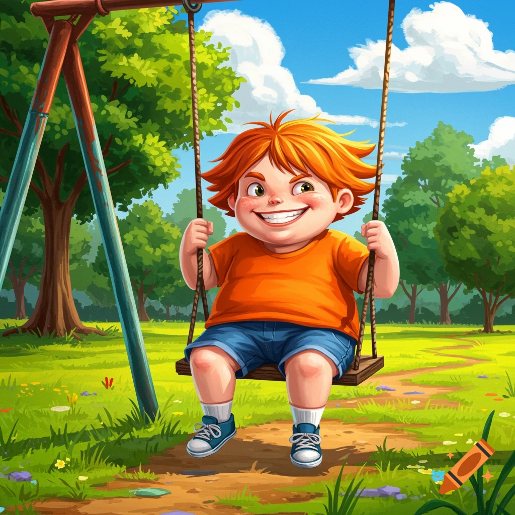A cartoon of a cheerful red-haired boy on a swing in a park.