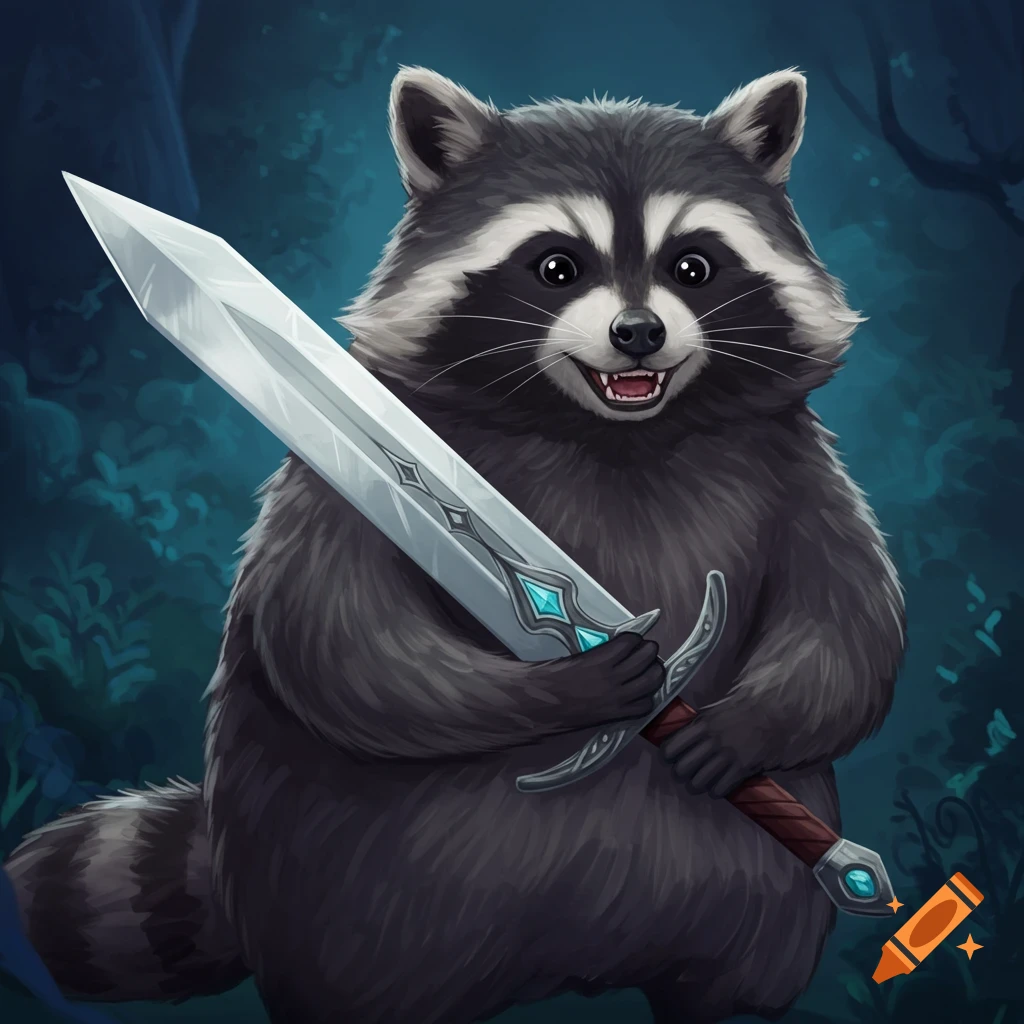 A large raccoon holds a silver sword in a dark forest.