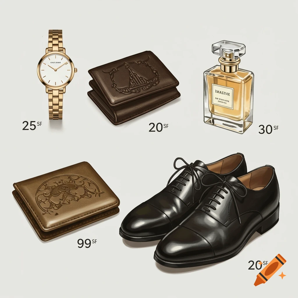 Luxury items are displayed: a gold watch, brown wallets, perfume, and black shoes, with prices listed.