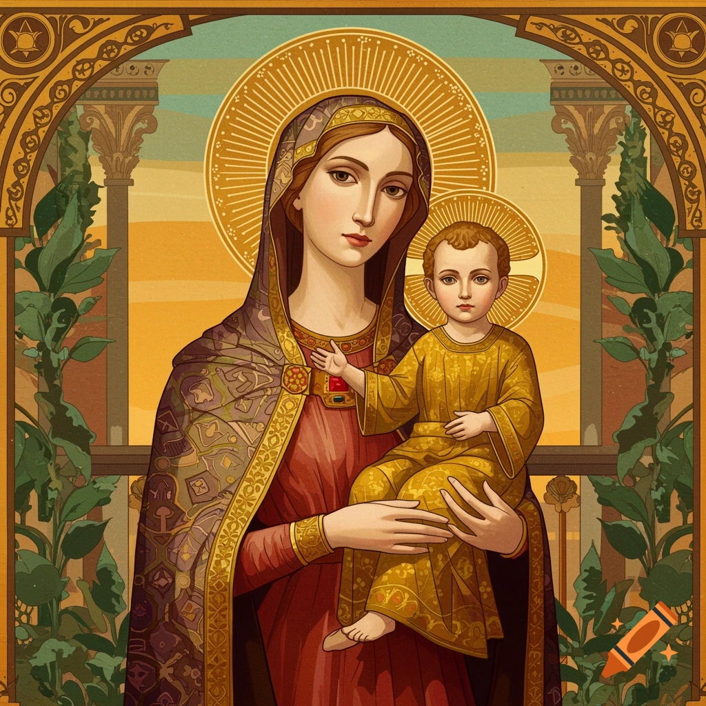 Madonna and Child in Art Deco Renaissance style with ornate frame and foliage.