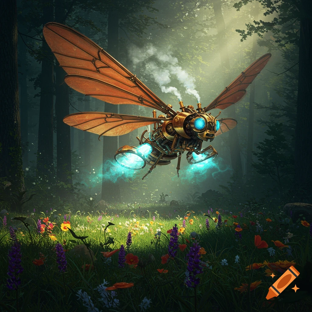 A detailed depiction of a steampunk insect with glowing blue eyes and jet engines flying through a sunlit forest clearing with wildflowers.