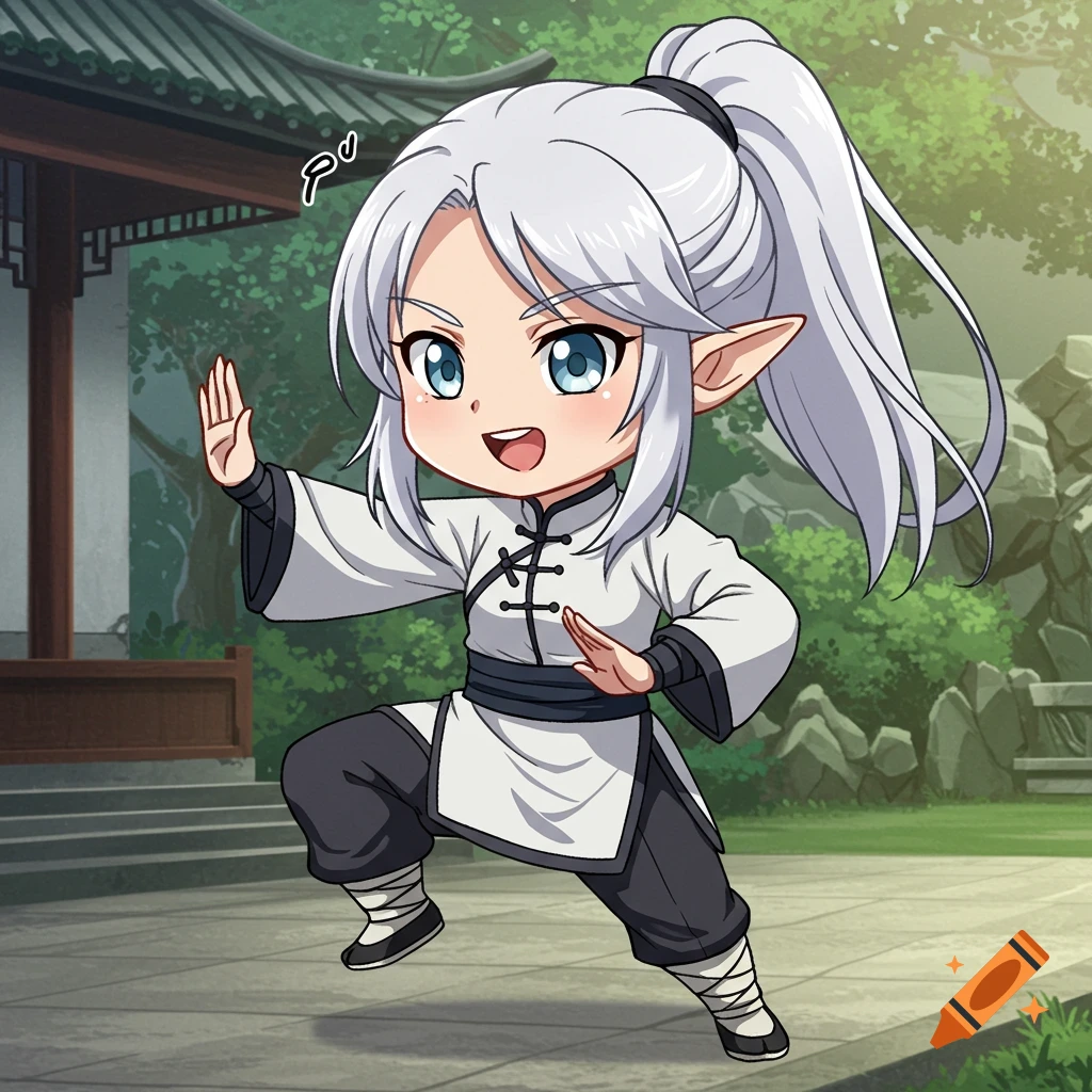 Cute anime elf character in white uniform practicing martial arts in a courtyard
