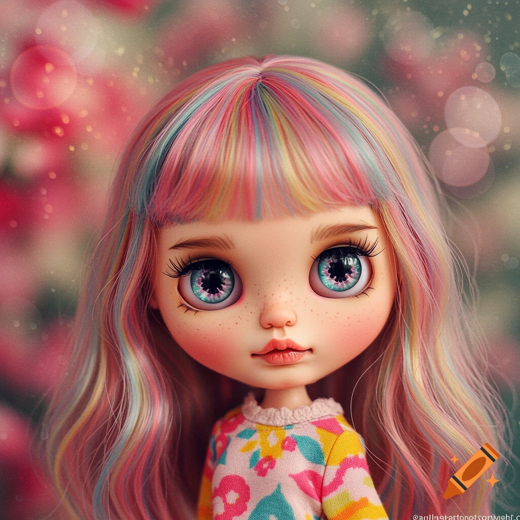 A close-up of a Blythe doll with large eyes and multi-colored hair wearing a floral shirt, against a soft bokeh background.