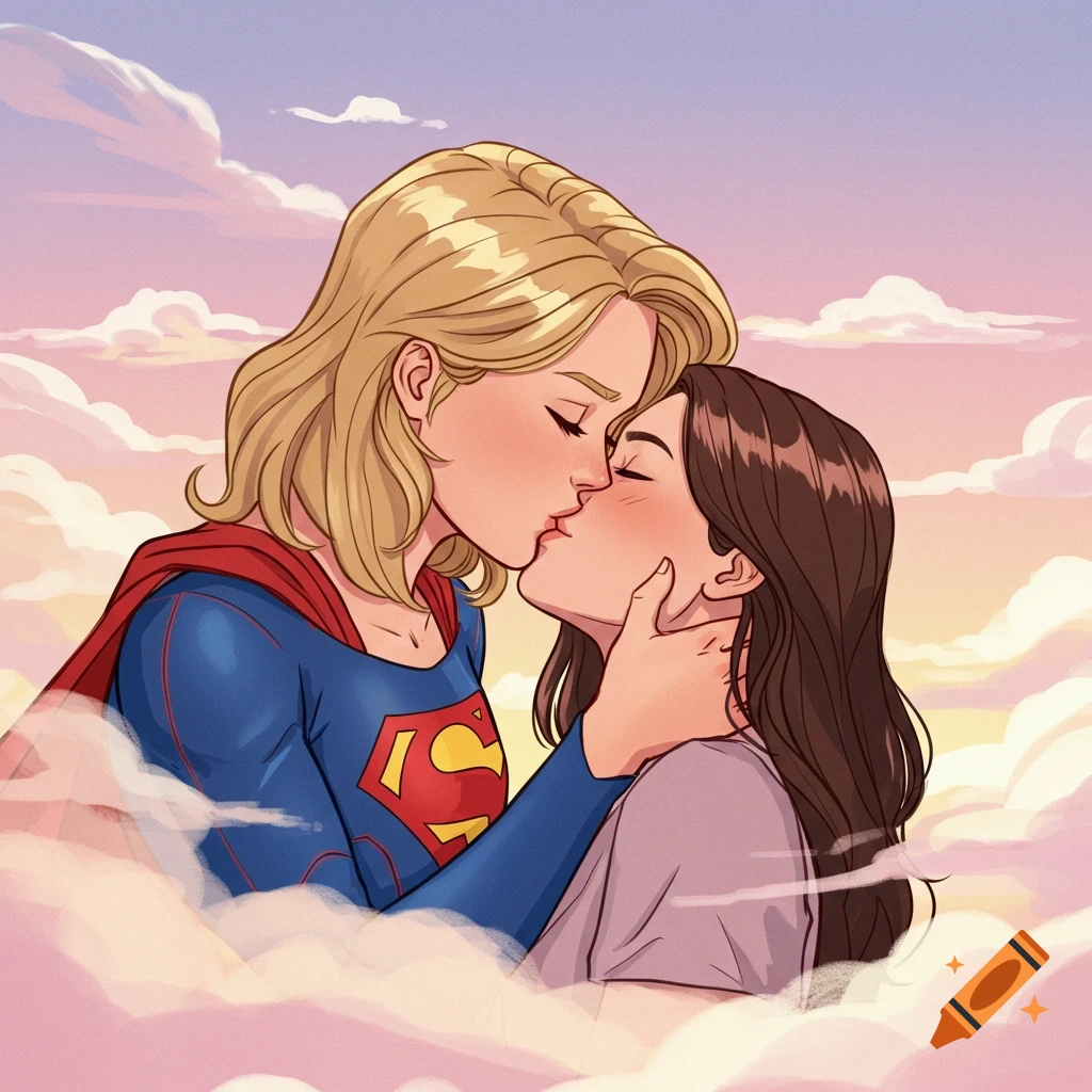 Supergirl kissing a woman among clouds