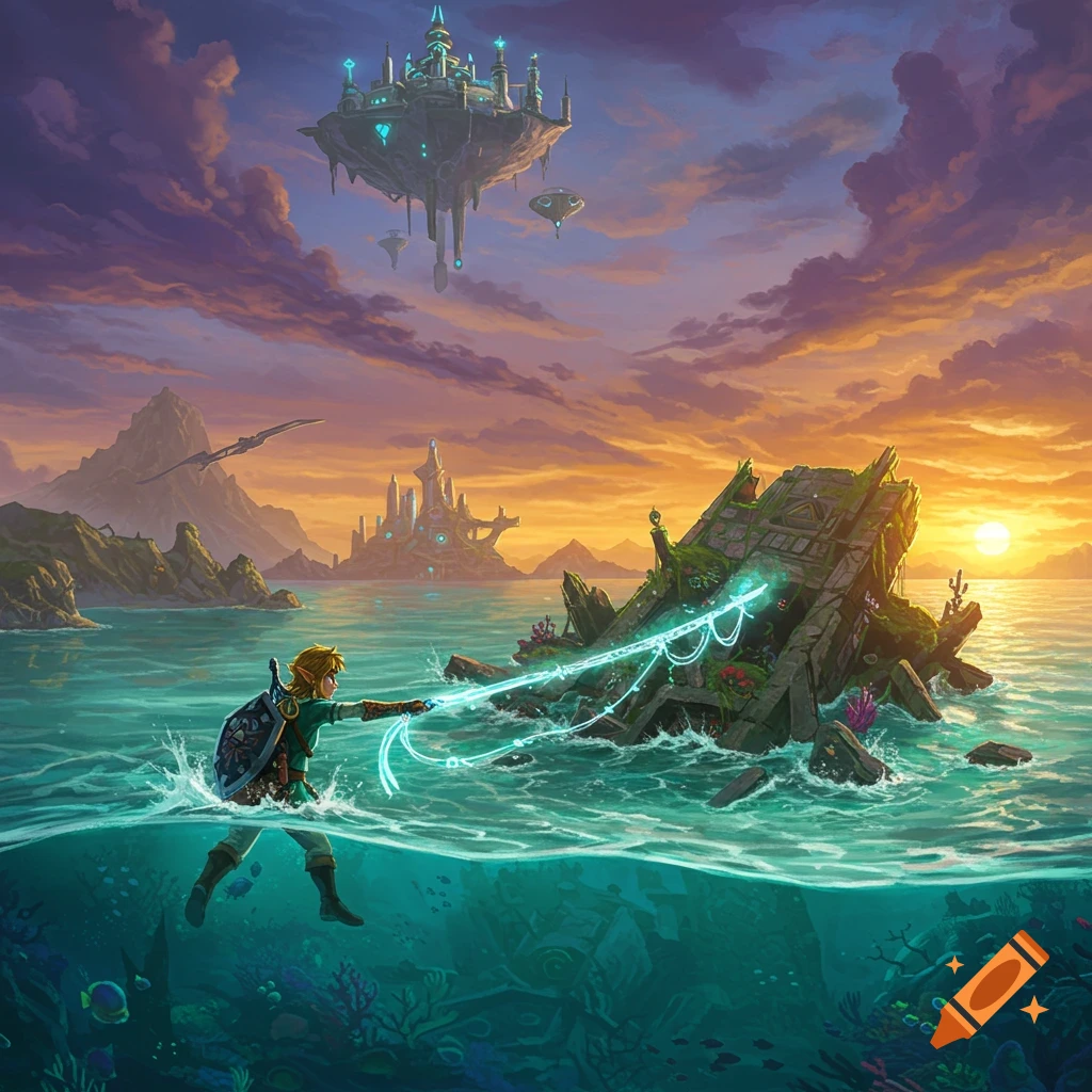 Link pulls a submerged island from the water with glowing ropes in a fantasy landscape with a floating city at sunset.
