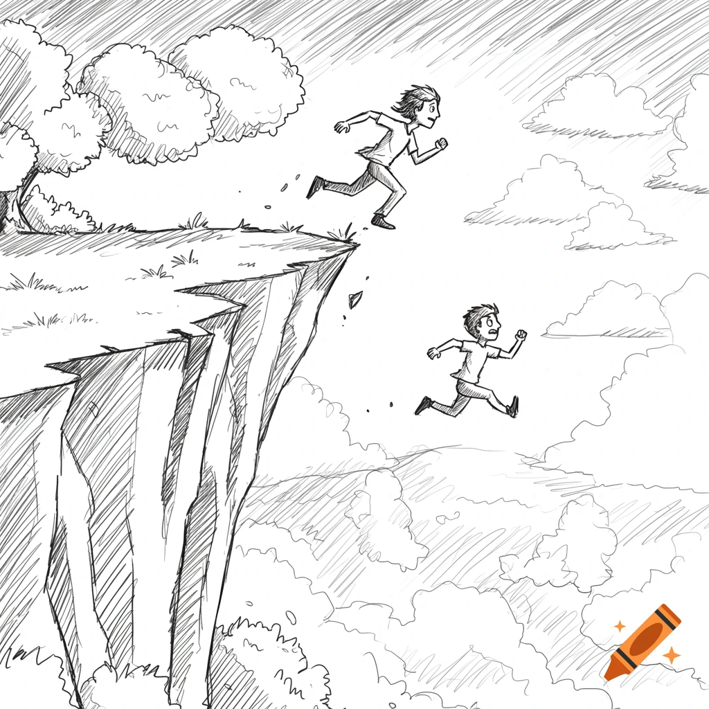 Sketch of two stylized figures running towards a cliff edge.