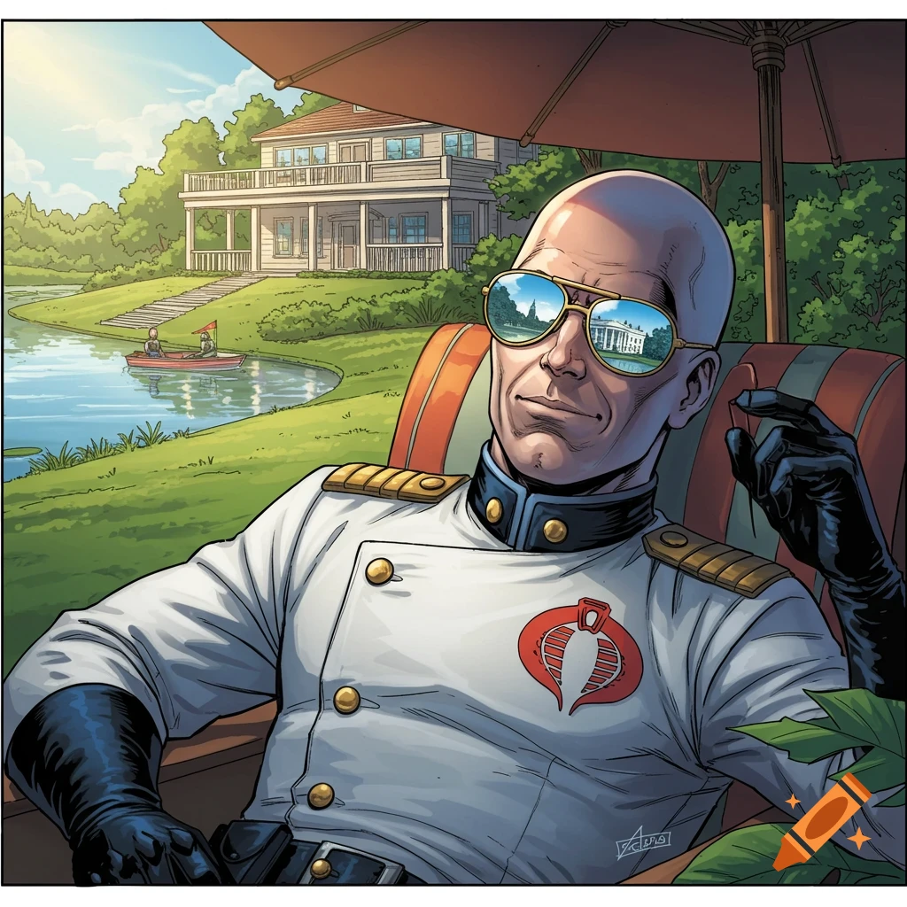 Cobra Commander in aviator sunglasses relaxing by a lake house, the White House reflected in his lenses, comic art style.