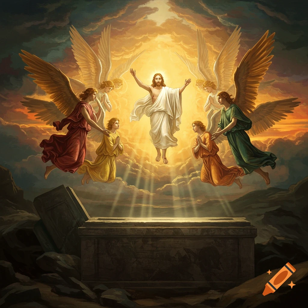 A scene depicting the resurrection of Christ, with angels surrounding an open tomb.