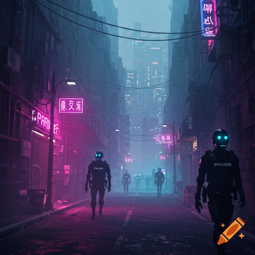 Robots in police suits walking down a foggy cyberpunk city street with neon signs.