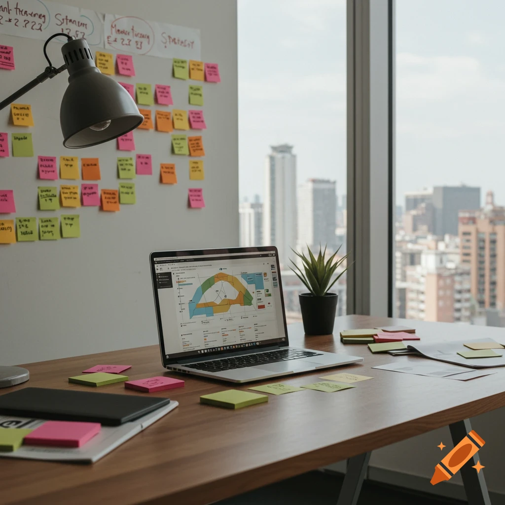 An office desk with a laptop showing charts, sticky notes on a wall, and a city skyline view.