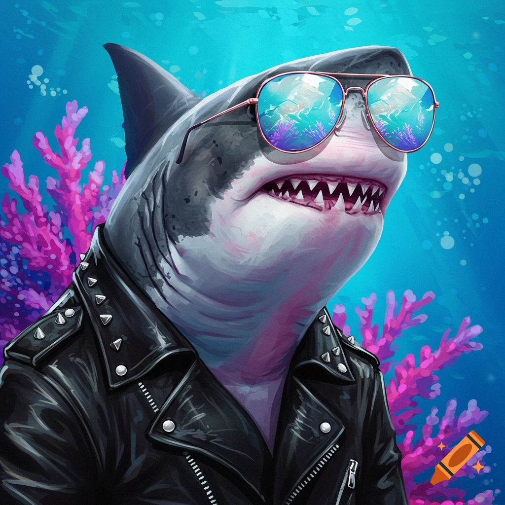 A shark wearing a leather jacket and sunglasses underwater.
