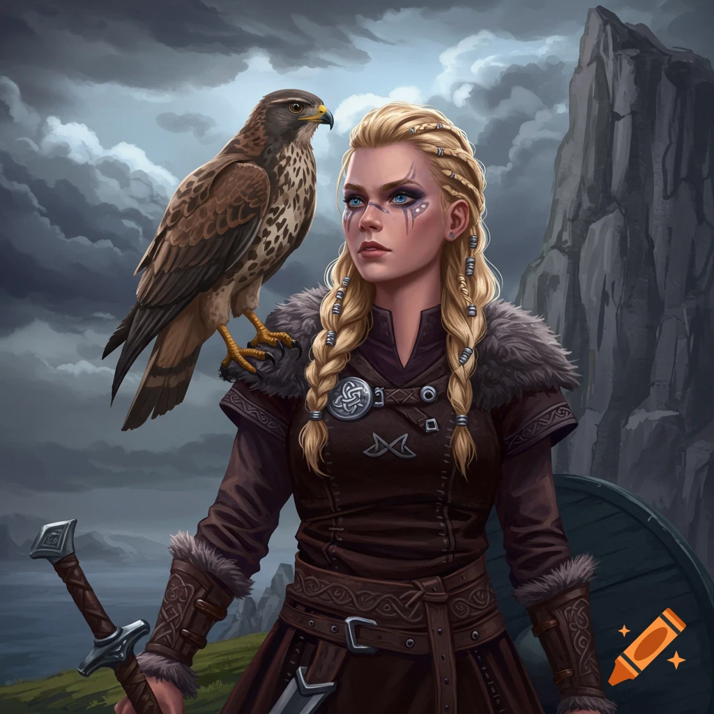 A Viking woman with a hawk on her shoulder, holding a sword and shield in a landscape.