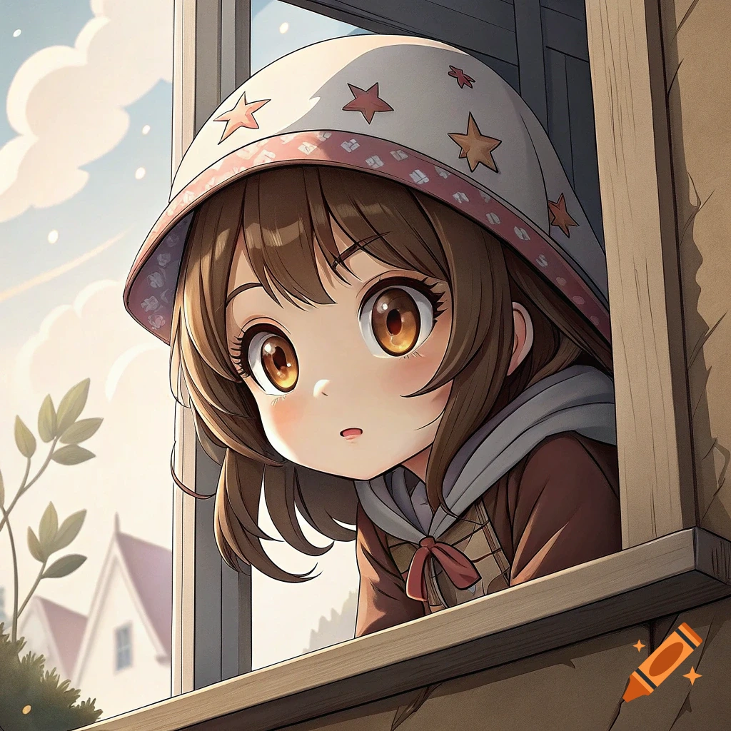 An anime girl with brown hair and a star-patterned hat looks curiously out a window.