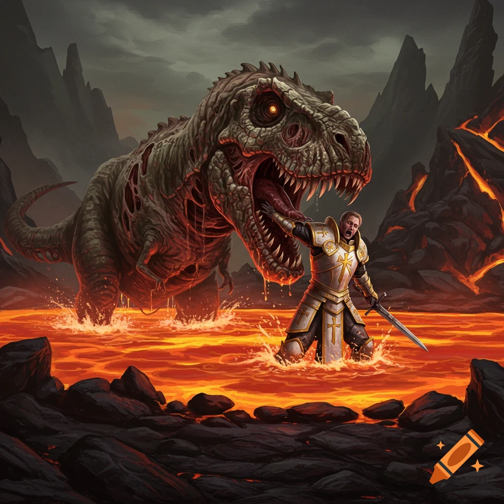 A zombie T-Rex attacks a knight in a lava river.