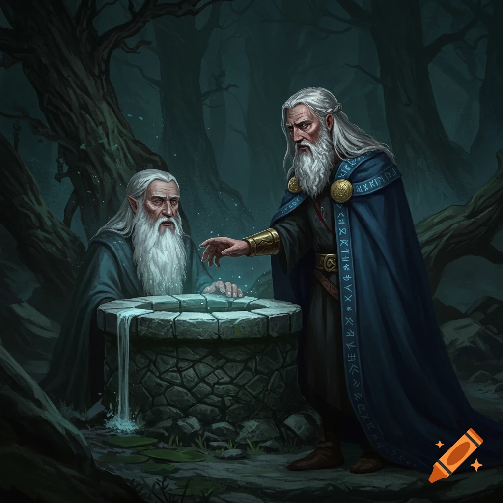 Two old men with long beards at a stone well in a dark forest.