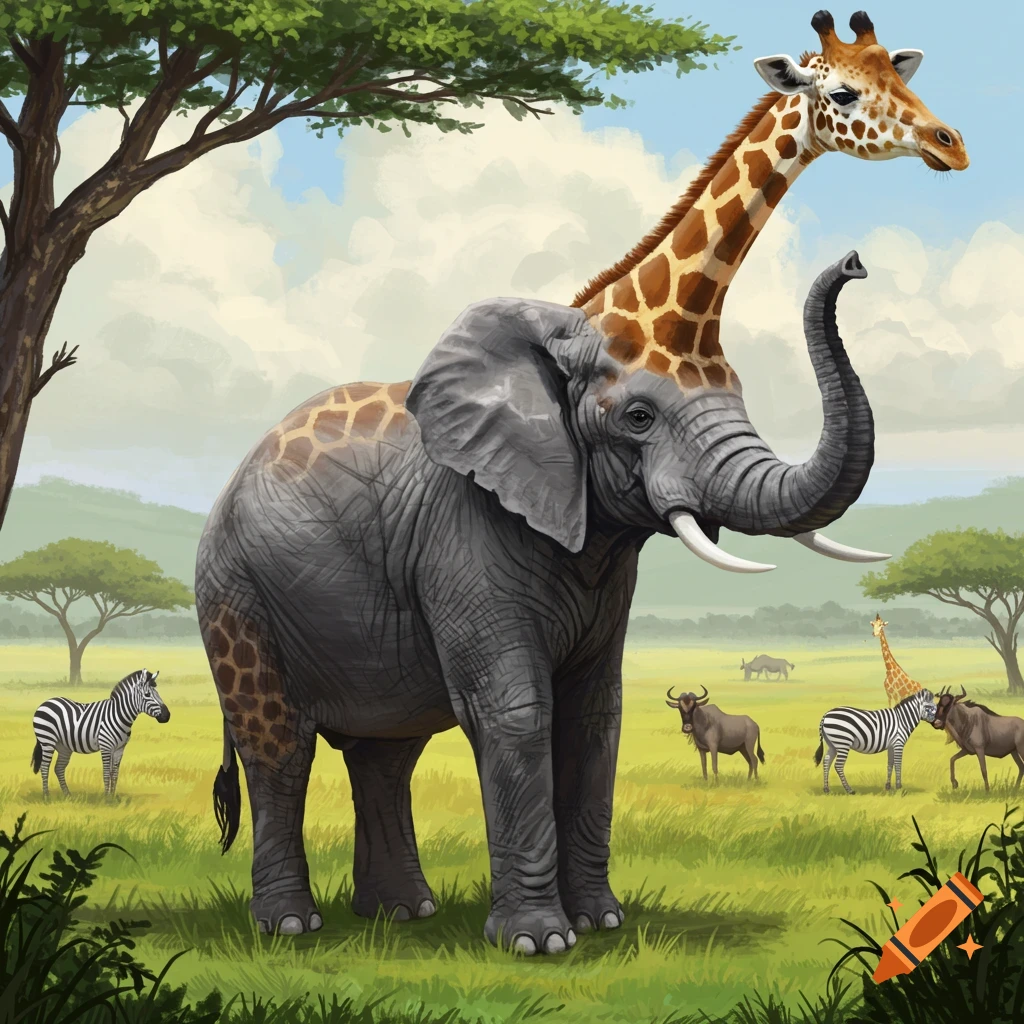 A hybrid elephant-giraffe in a savanna with zebras and wildebeest.