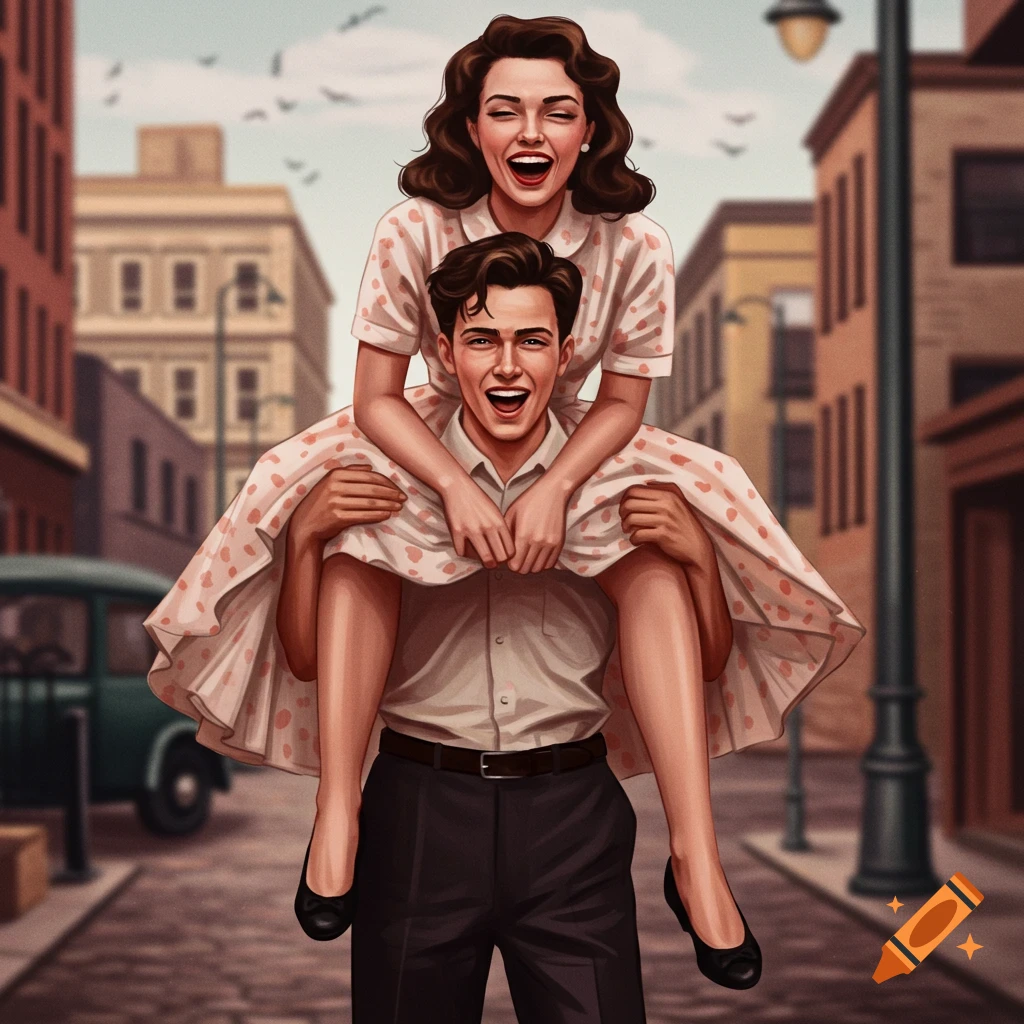 A young man gives a laughing woman a piggyback ride on a street in a 1950s setting.